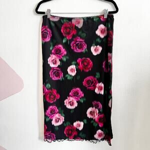 Black Pink Floral Midi‎ Skirt, Vintage, Y2K, Grunge, Goth, Dark Academia, Medium